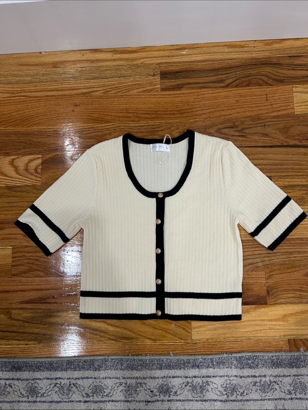 Knit Mix Cream Ribbed Short Sleeve Cardigan with Black Trim
